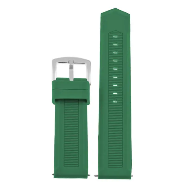 Rubber Speed Strap for MoonSwatch in vibrant green, featuring a textured design and a silver buckle. Ideal for enhancing your watch's style and comfort