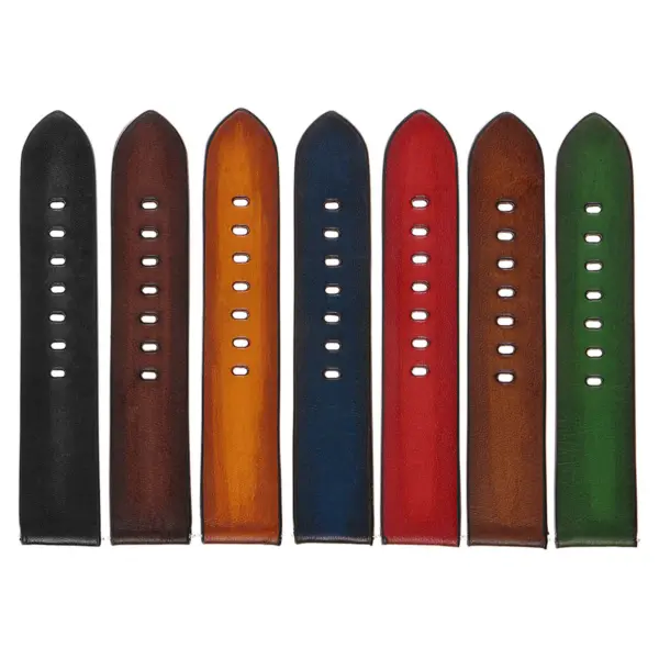 A collection of vintage faded leather straps for MoonSwatch, featuring a variety of colors including black, brown, orange, blue, red, and green, showcasing their unique textures