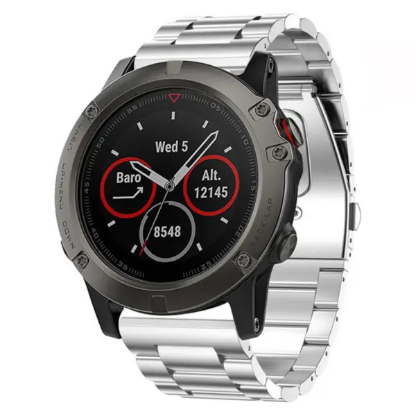 A sleek, modern smartwatch with a round display, featuring altimeter and barometer functions, set on a silver metallic band