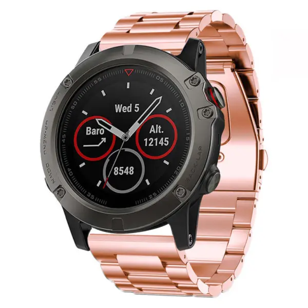 Stylish black smartwatch with a sleek rose gold metal band, featuring a digital display that shows the date, altitude, and other metrics, perfect for both casual and active wear