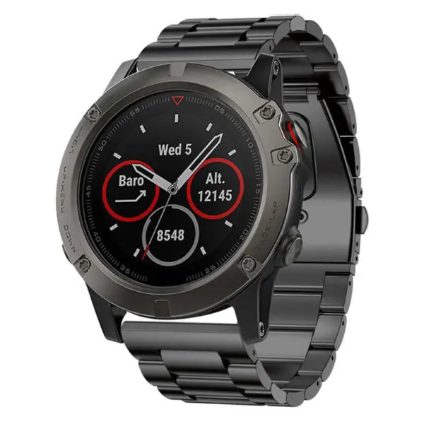 A sleek black smartwatch with a metal band, displaying the date, altitude, barometric pressure, and step count on its round, digital face