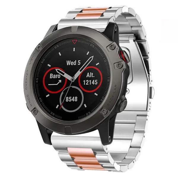 A sleek, modern smartwatch with a round face displaying the date, altimeter, and step count, featuring a durable metal band with silver and copper accents