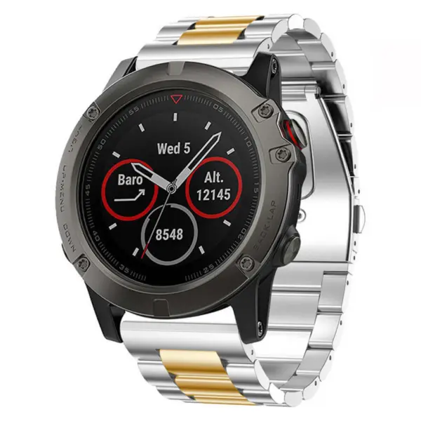 Stylish two-tone metal watch band featuring silver and gold accents, designed for durability and comfort. Perfect for enhancing your smartwatch's look and functionality