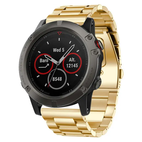 A sleek smartwatch with a black face and gold metal band, displaying time, altitude, and step count. Ideal for fitness enthusiasts and tech lovers