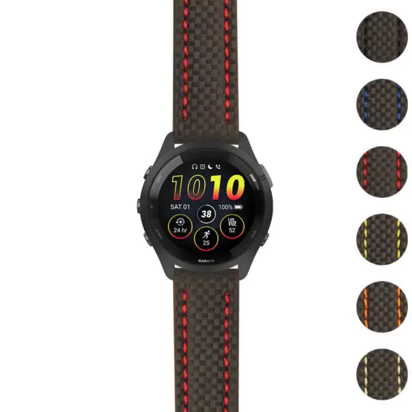 Heavy-Duty Carbon Fiber Strap for Garmin Forerunner 265, featuring a sleek design with red stitching. Perfect for durability and style in sports and daily wear