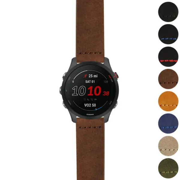 A stylish smartwatch with a black face displaying the date and time, paired with a brown leather strap. Various strap colors are shown alongside it