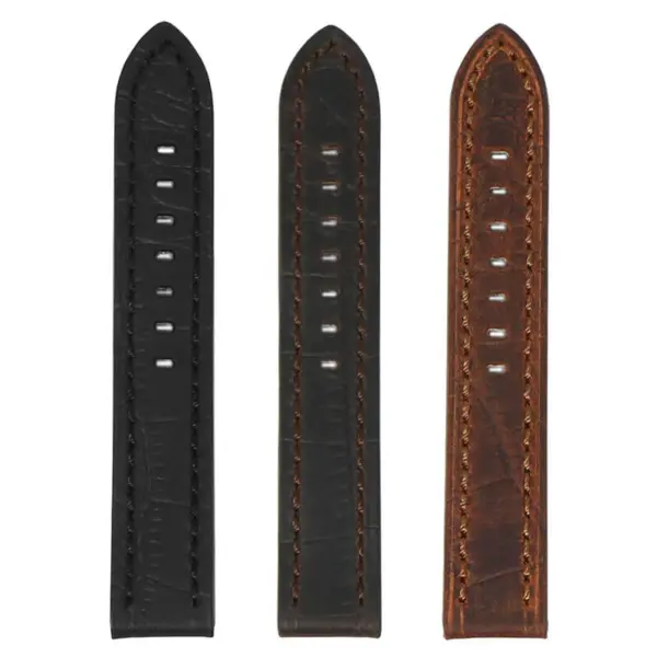 Heavy Duty Vintage Crocodile Leather Straps in black, green, and brown. Available in sizes 20mm, 22mm, and 24mm, perfect for adding a classic touch to any watch