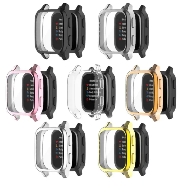 A variety of protective cases for the Garmin Venu Sq in multiple colors, including black, pink, clear, and gold, designed to keep your watch safe and stylish