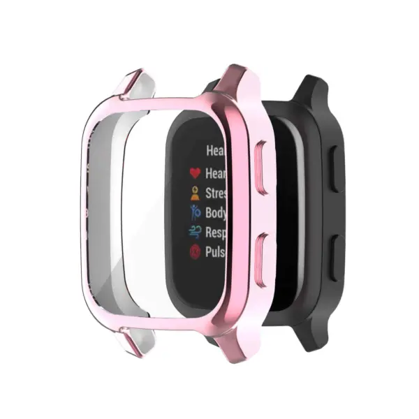 Protective case for Garmin Venu Sq in pink and black. Offers durable protection while maintaining access to watch features and sensors. Ideal for active lifestyles