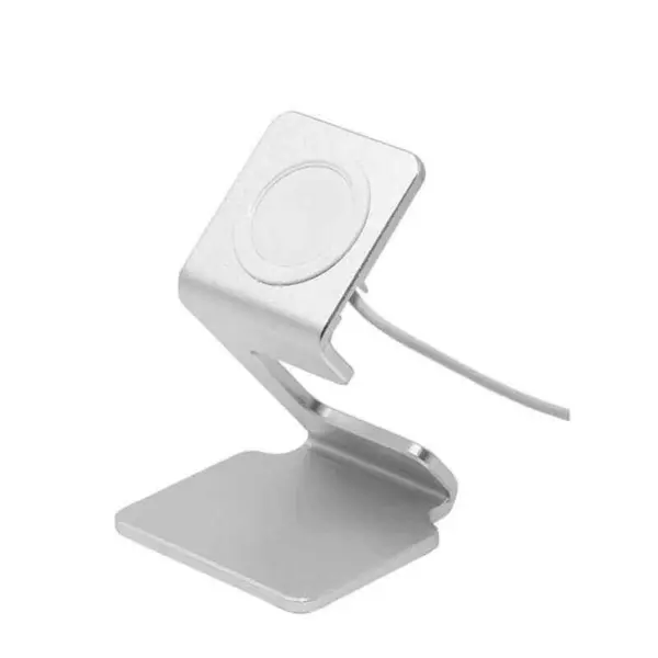 Sleek silver charging dock for smartwatches, featuring a sturdy base and adjustable angle for optimal viewing while charging. Perfect for any bedside or workspace