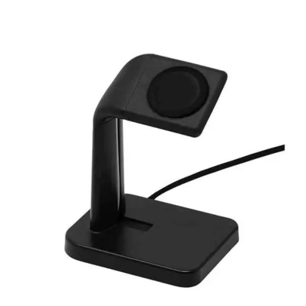 Sleek black wireless charging stand for Apple Watch, designed for easy docking and charging. Compact and modern, perfect for any desk or nightstand