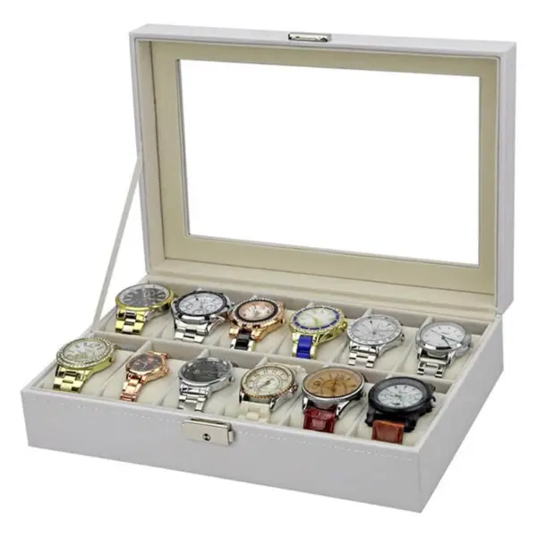 Stylish White Leatherette Watch Case for 12 Watches, perfect for organizing and displaying your timepieces. Ideal for watch enthusiasts and collectors. Shop now at Ele Straps!