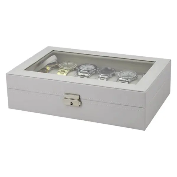 White leatherette watch case designed to hold 12 watches, featuring a clear glass top for display and a secure metal clasp. Ideal for organizing and showcasing timepieces