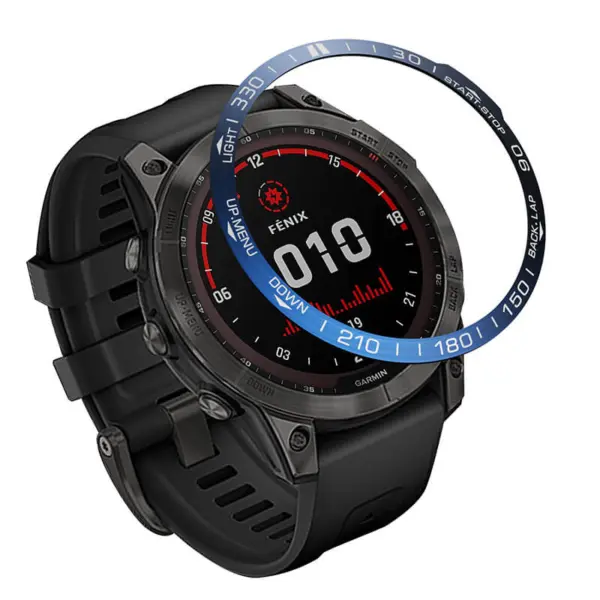 Bezel for Garmin Fenix 7X & 7X Pro in blue, highlighting the watch's features and design. The watch displays a digital interface with a dark strap