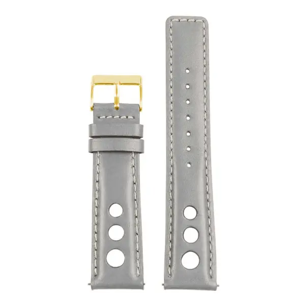 Leather Rally Strap with Quick Release in gray, featuring a gold buckle. Available in various sizes: 18mm, 19mm, 20mm, 21mm, 22mm, 24mm, 8mm, and 9mm