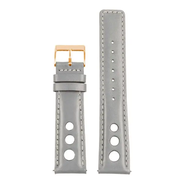 Leather Rally Strap with Quick Release in gray. Made from high-quality leather, available in sizes 18mm to 24mm. Features a stylish design and easy attachment mechanism