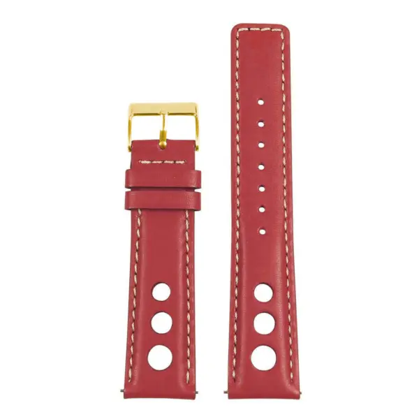 Red leather rally watch strap with quick release feature, featuring gold-tone buckle and multiple holes for adjustable sizing. Available in various widths: 18mm to 24mm