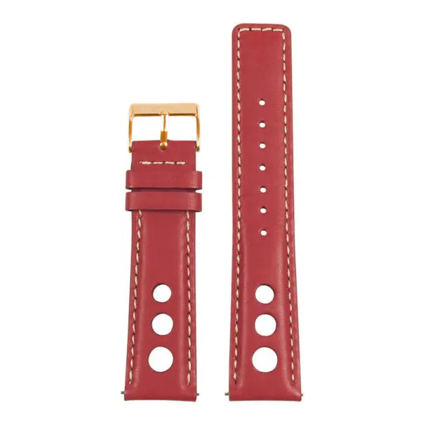 Leather Rally Strap with Quick Release in red, featuring a gold buckle and multiple sizing options (8mm to 24mm) for a stylish and adjustable fit