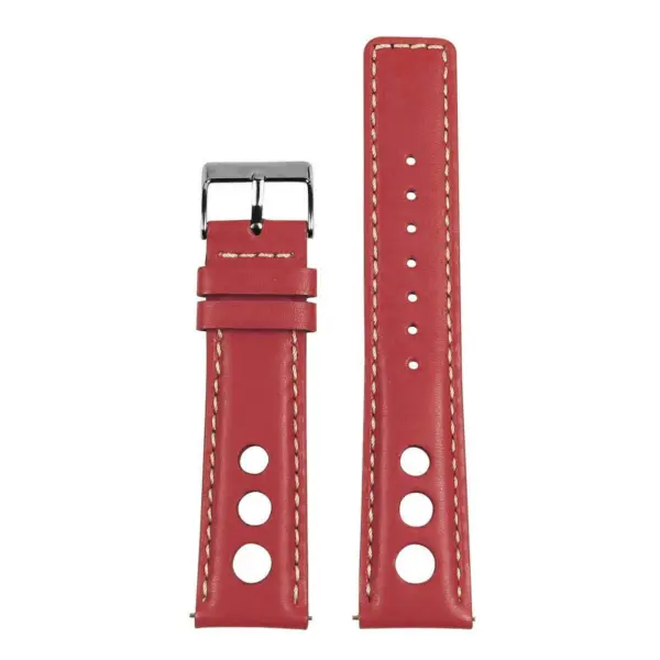 A red leather rally strap with quick release feature, available in various sizes (8mm to 24mm), showcasing a sporty design and durable stitching for style and comfort