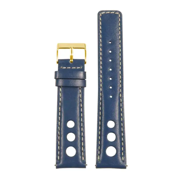 Leather Rally Strap with Quick Release in navy blue, featuring gold buckle and stitching. Available in various sizes: 8mm to 24mm for versatile watch fitting