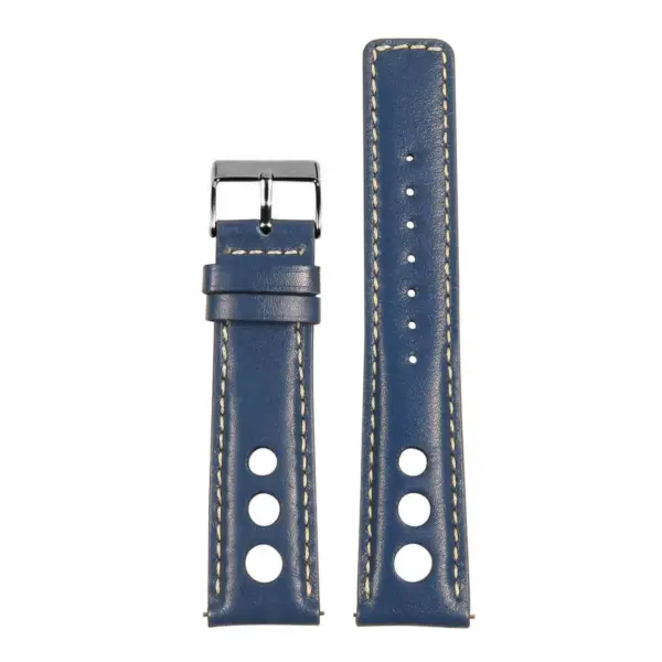 Navy leather rally strap with quick release feature, available in various sizes: 18mm, 19mm, 20mm, 21mm, 22mm, 24mm, 8mm, and 9mm. Durable and stylish for watch enthusiasts