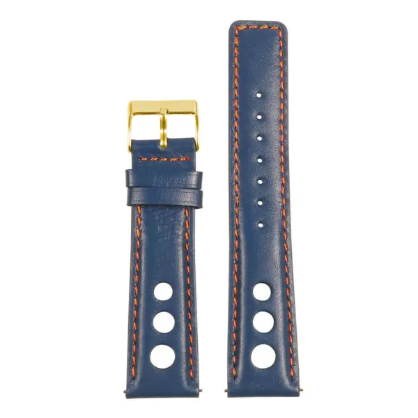 Stylish leather rally strap with quick release feature, available in sizes 18mm to 24mm. Features a gold buckle and contrasting orange stitching for a sporty look