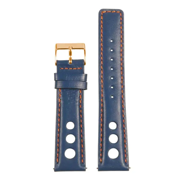 A stylish leather rally strap with quick release feature, available in various sizes (8mm to 24mm) and featuring a gold buckle and contrasting orange stitching