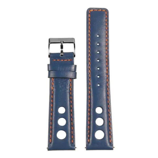 Leather Rally Strap with Quick Release in navy blue, featuring orange stitching. Available sizes: 18mm, 19mm, 20mm, 21mm, 22mm, 24mm, 8mm, and 9mm. Perfect for stylish watch customization