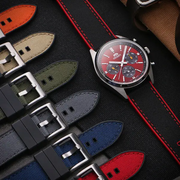 Sailcloth FKM Hybrid Strap by DASSARI displayed in various colors, showcasing its durable FKM, rubber, and sailcloth materials. Available in 20mm and 22mm sizes for versatile fitting