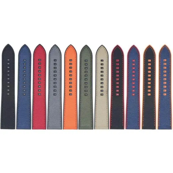 A collection of Sailcloth FKM Hybrid Straps by DASSARI in various colors, made from durable FKM, rubber, and sailcloth. Available in 20mm and 22mm sizes for versatile watch styles