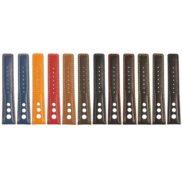 A collection of Leather Rally Straps with Quick Release in various colors and sizes (18mm to 24mm), showcasing a stylish design perfect for enhancing any watch
