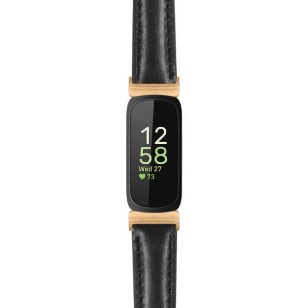 Everyday Leather Strap for Fitbit Inspire 3 features a sleek black leather design with gold accents, perfect for adding a touch of elegance to your fitness tracker