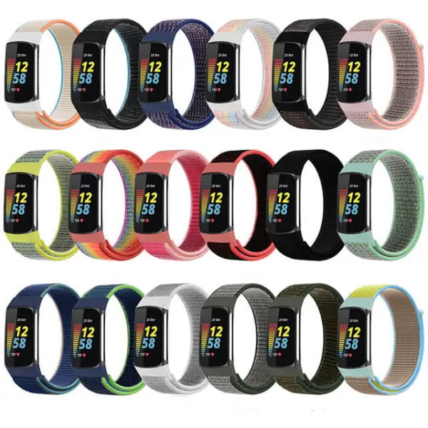 A vibrant collection of Everyday Nylon Straps for Fitbit Charge 5, showcasing various colors and patterns, perfect for adding style and comfort to your fitness tracker