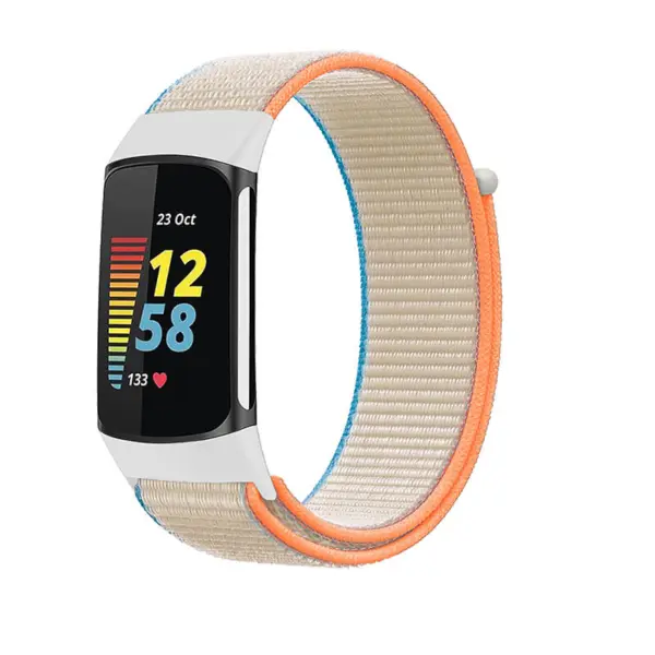 Everyday Nylon Strap for Fitbit Charge 5 in beige with orange and blue accents, designed for comfort and durability while tracking your fitness activities