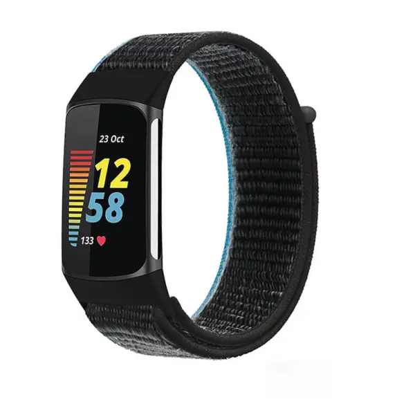 Everyday Nylon Strap for Fitbit Charge 5 in black with a blue interior, designed for comfort and durability. Perfect for daily wear and fitness tracking