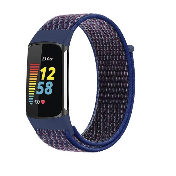Everyday Nylon Strap for Fitbit Charge 5 features a stylish navy and multicolor design, offering comfort and durability for daily wear and fitness tracking. Perfect for any occasion