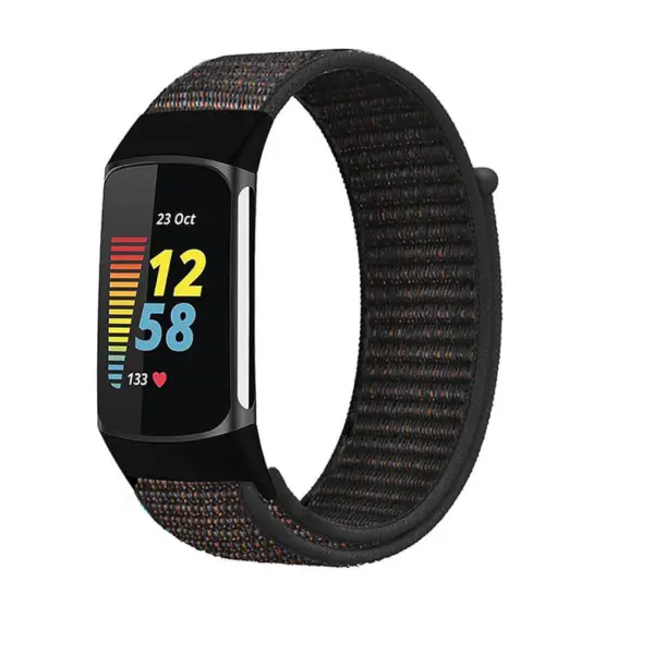 Everyday Nylon Strap for Fitbit Charge 5 featuring a stylish, textured design in black with colorful accents, perfect for daily wear and comfort