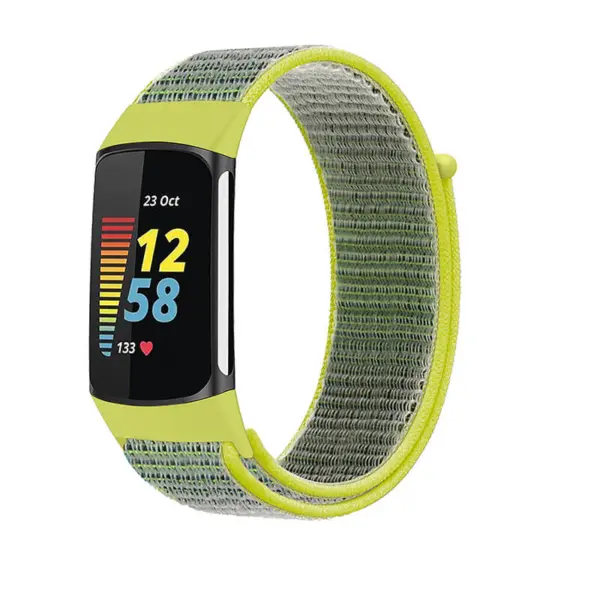 Everyday Nylon Strap for Fitbit Charge 5 in a vibrant green and gray design, offering comfort and style for daily wear and fitness tracking