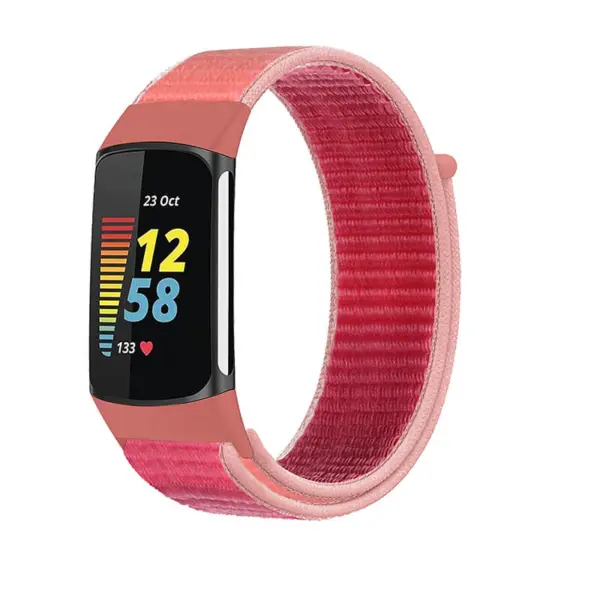 Everyday Nylon Strap for Fitbit Charge 5 in vibrant pink and coral. Made from durable nylon, it offers comfort and style for daily wear. Perfect for fitness enthusiasts