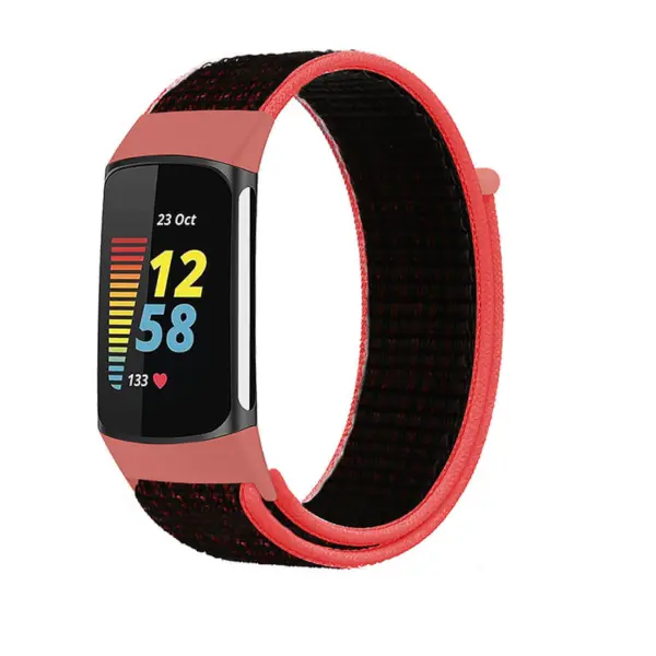 Everyday Nylon Strap for Fitbit Charge 5 in black and red, made from durable nylon. Ideal for daily wear, combining comfort and style for fitness tracking