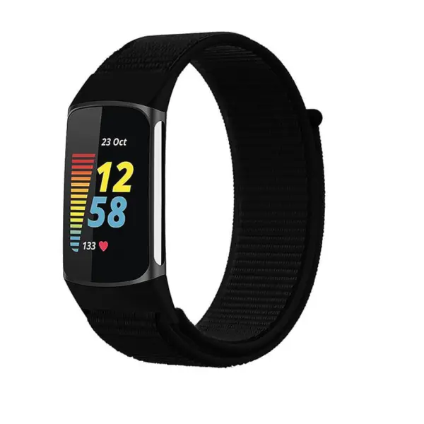 Everyday Nylon Strap for Fitbit Charge 5, featuring a sleek black design. Durable and comfortable, perfect for daily wear and fitness tracking