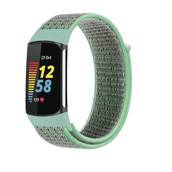 Everyday Nylon Strap for Fitbit Charge 5 in a stylish green and gray design, offering comfort and durability for daily wear and fitness tracking