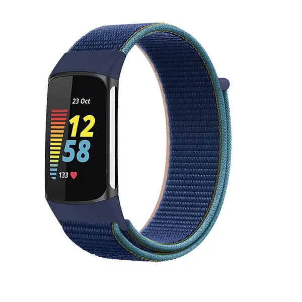 Everyday Nylon Strap for Fitbit Charge 5 in navy blue with a contrasting teal edge. Durable and stylish, perfect for daily wear and fitness tracking