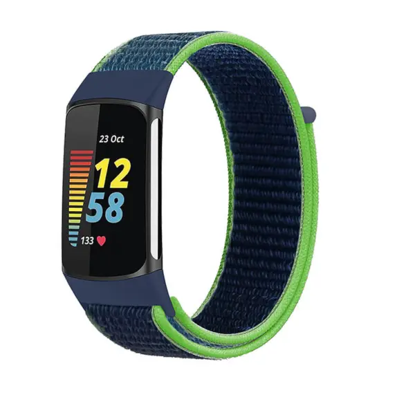 Everyday Nylon Strap for Fitbit Charge 5 features a stylish navy design with vibrant green accents, offering comfort and durability for everyday wear. Perfect for fitness enthusiasts!