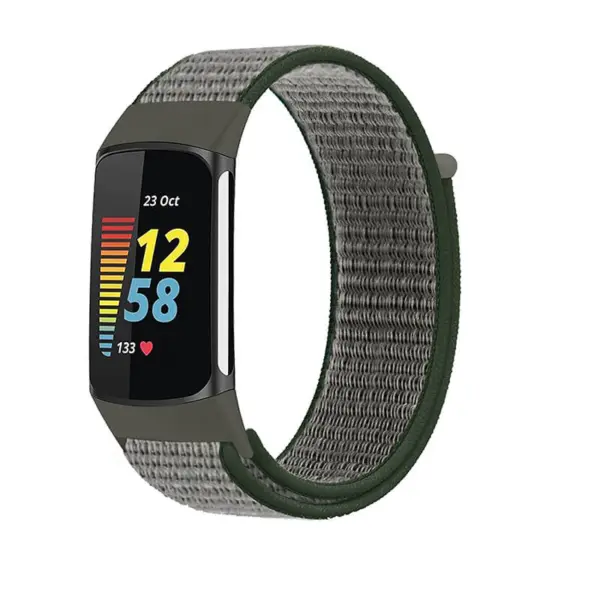 Everyday Nylon Strap for Fitbit Charge 5 in a stylish green and gray design, perfect for daily wear. Durable, comfortable, and ideal for any activity