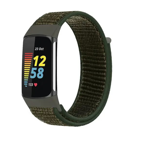 Everyday Nylon Strap for Fitbit Charge 5 in a stylish green design, perfect for daily wear. Durable and comfortable, it enhances your fitness tracker with a modern look