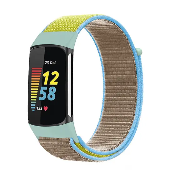 Everyday Nylon Strap for Fitbit Charge 5 featuring a vibrant design with blue and yellow accents, perfect for daily wear and enhancing your fitness tracker style