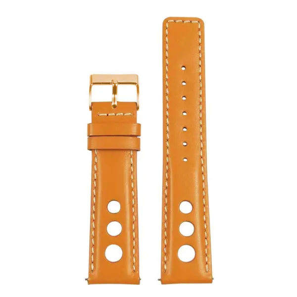Leather Rally Strap with Quick Release in a warm tan color. Available in various sizes: 8mm, 9mm, 18mm, 19mm, 20mm, 21mm, 22mm, and 24mm. Perfect for a stylish watch upgrade