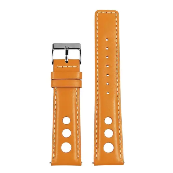Leather Rally Strap with Quick Release in vibrant orange, featuring perforations for breathability. Available in various sizes: 18mm to 24mm and 8mm to 9mm