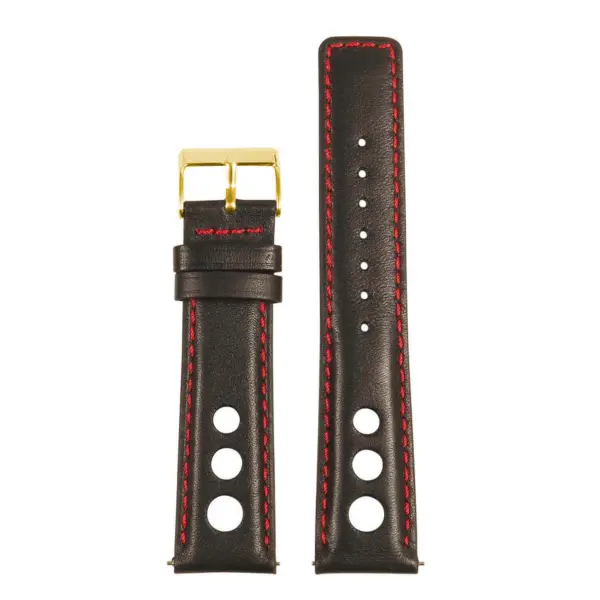 Leather Rally Strap with Quick Release, featuring a sleek design and bold red stitching. Available in various sizes: 8mm, 9mm, 18mm, 19mm, 20mm, 21mm, 22mm, 24mm